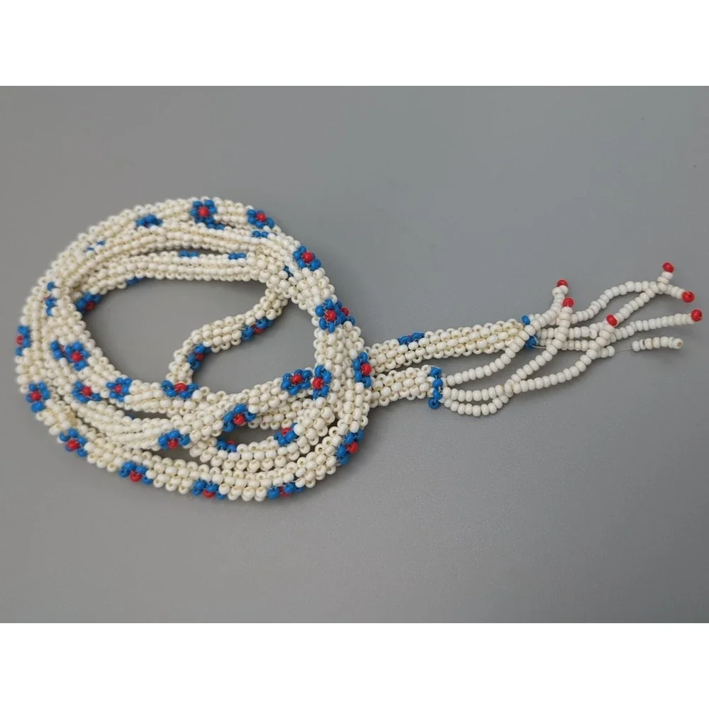 Vintage Beaded Belt‎ Or Necklace Plastic Seed Beads White Floral Boho American